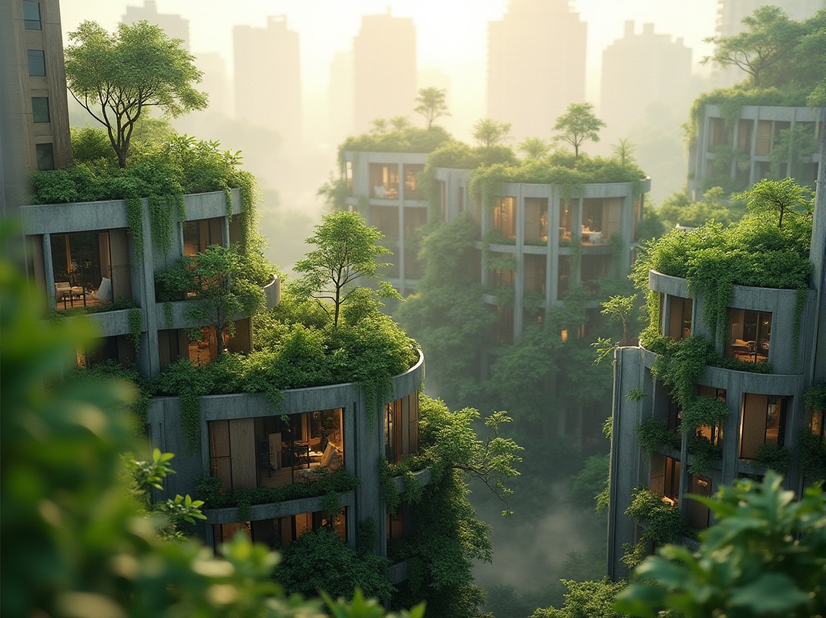 Prompt: Eco-friendly buildings, lush green roofs, vertical gardens, solar panels, wind turbines, rainwater harvesting systems, natural ventilation, recycled materials, bamboo facades, reclaimed wood accents, living walls, urban forests, misty mornings, soft warm lighting, shallow depth of field, 3/4 composition, panoramic view, realistic textures, ambient occlusion.