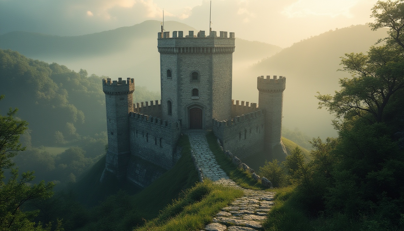 Prompt: Watchtower, medieval architecture, stone walls, battlements, grandeur scale, lush greenery, surrounding hills, misty morning, soft warm lighting, cinematic composition, atmospheric perspective, realistic textures, ambient occlusion, serene atmosphere, ancient trees, rustic doors, worn stone paths, mysterious fog, dramatic sky, 3/4 view, low-angle shot.