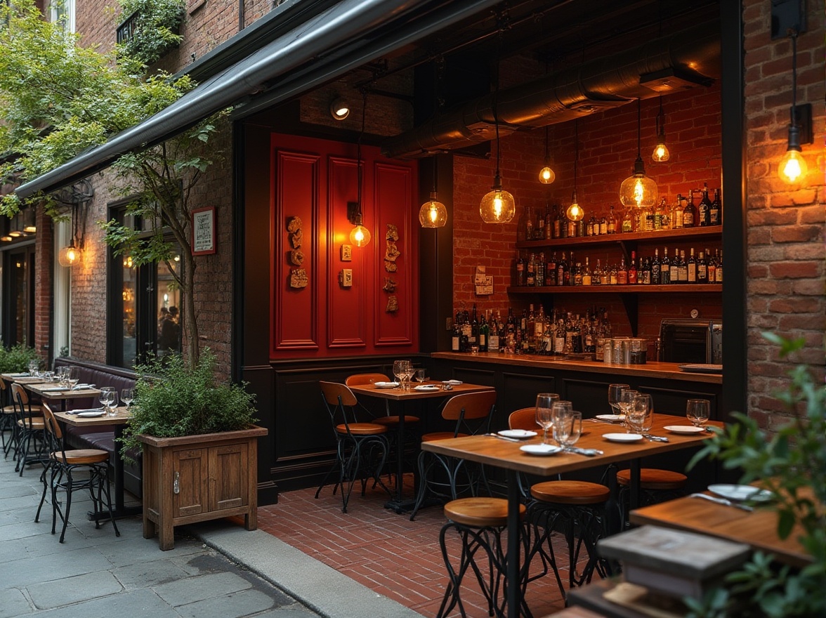 Prompt: Warm inviting restaurant, exposed brick facade, rustic red tones, industrial chic decor, reclaimed wood accents, metal beams, Edison bulbs, cozy intimate ambiance, soft warm lighting, natural textures, earthy color palette, vintage decorative tiles, distressed finishes, ornate metalwork, lush greenery, outdoor seating area, urban cityscape, afternoon sunlight, shallow depth of field, 1/2 composition, realistic rendering.