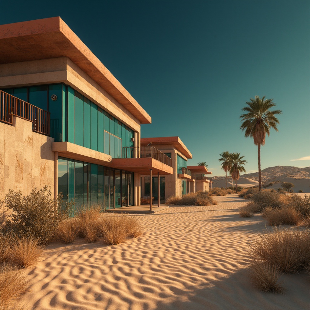 Prompt: Warm beige sandy dunes, soft terracotta earth tones, weathered wooden accents, rusty metal details, vibrant turquoise accents, deep indigo night skies, warm golden lighting, shallow depth of field, 3/4 composition, panoramic view, realistic textures, ambient occlusion, modern desert architecture, sleek angular lines, minimalist design, sustainable energy solutions, solar panels, wind turbines, water conservation systems, green roofs, eco-friendly materials, innovative cooling technologies, shaded outdoor spaces, misting systems.