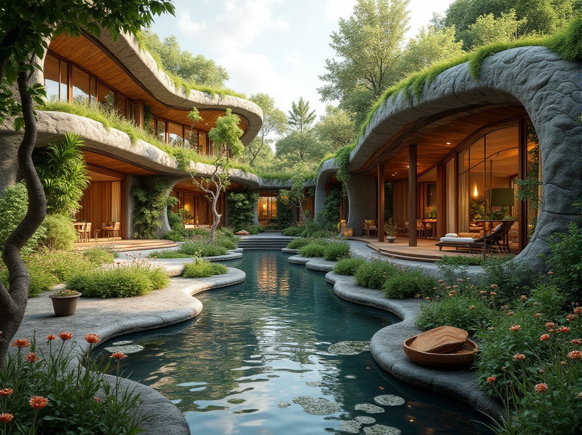 Prompt: Seamless landscape integration, organic architecture, curved lines, green roofs, living walls, natural stone fa\u00e7ades, wooden accents, floor-to-ceiling windows, sliding glass doors, serene water features, lush vegetation, blooming flowers, meandering pathways, weathered wood benches, soft warm lighting, shallow depth of field, 1/2 composition, panoramic view, realistic textures, ambient occlusion.