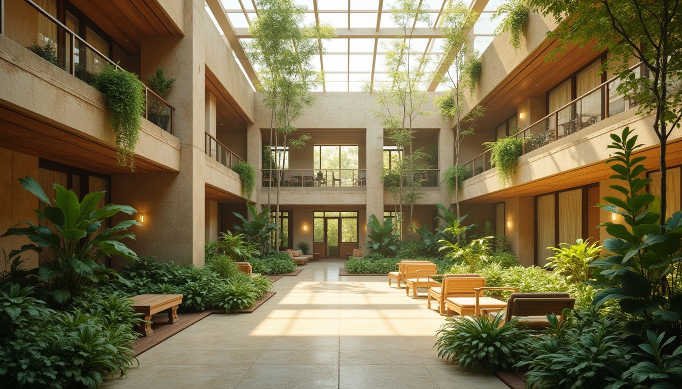 Prompt: Vibrant atrium, lush greenery, natural stone walls, floor-to-ceiling windows, skylights, clerestory windows, transparent roofing, minimalist interior design, earthy color palette, warm beige tones, soft diffused lighting, ambient shadows, 1/1 composition, symmetrical balance, realistic textures, subtle reflections, morning sunbeams, afternoon warmth, golden hour glow.