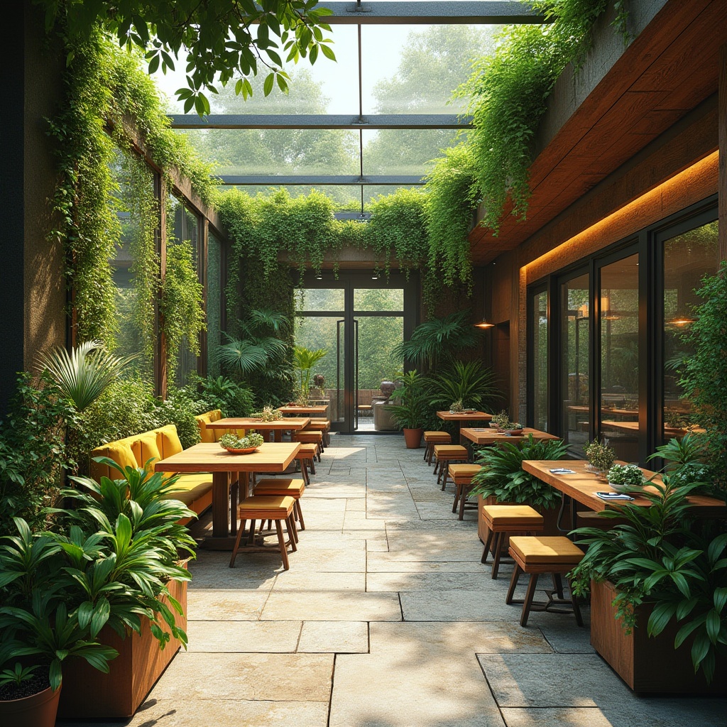 Prompt: Vibrant botanical garden, lush green walls, natural stone flooring, reclaimed wood accents, floor-to-ceiling windows, sliding glass doors, outdoor seating areas, misting systems, warm sunny day, soft diffused lighting, 1/1 composition, realistic textures, ambient occlusion, rustic metal decor, earthy color palette, organic food displays, living green roofs, rainwater harvesting systems, eco-friendly materials, innovative ventilation technologies.