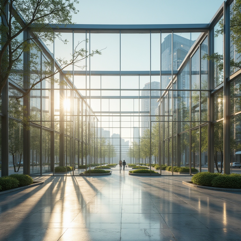 Prompt: Glass facade, minimalist framework, open floor plan, transparent roofing, natural light pouring in, sleek metal beams, polished concrete floors, reflective surfaces, modern simplicity, urban cityscape, bustling streets, vibrant cultural atmosphere, warm sunny day, soft diffused lighting, shallow depth of field, 3/4 composition, panoramic view, realistic textures, ambient occlusion.