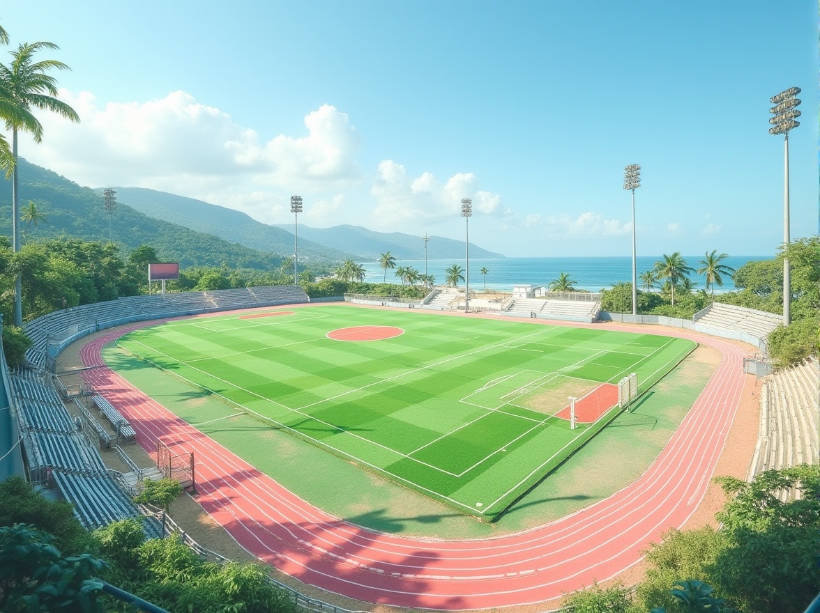 Prompt: Vibrant coastal sports fields, lush green grass, sandy beachside edges, ocean-inspired color palette, calming blues, soothing whites, warm sandy neutrals, coral pink accents, nautical navy blues, weathered wooden bleachers, stainless steel goalposts, athletic track lines, modern floodlights, clear sunny day, shallow depth of field, 3/4 composition, panoramic view, realistic textures, ambient occlusion.