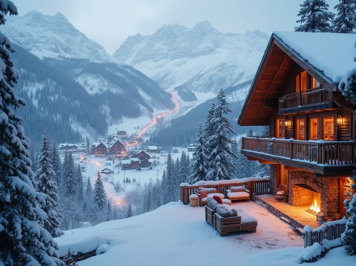 Prompt: Snow-capped mountains, ski lifts, snow-covered slopes, wooden chalets, cozy fireplaces, warm lighting, rustic interior design, natural stone walls, wooden accents, modern amenities, luxurious furnishings, panoramic views, frozen lakes, snowy forests, winter wonderland, frosty mornings, crisp air, gentle snowfall, soft focus, shallow depth of field, 1/1 composition, symmetrical framing.