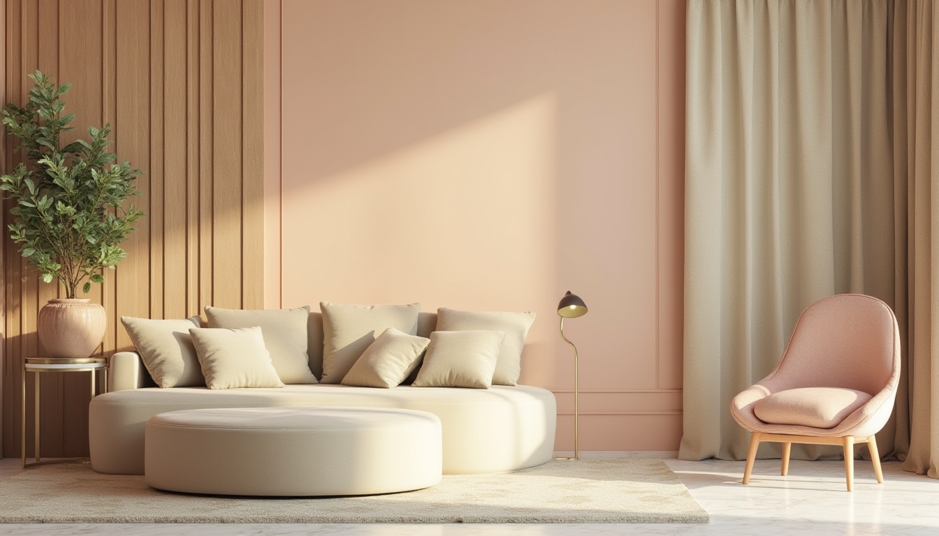 Prompt: Soft peach tones, gentle cream hues, calming sage greens, warm beige accents, rich walnut wood textures, subtle metallic sheens, elegant marble patterns, sophisticated velvet fabrics, serene natural light, atmospheric misty effects, 3/4 composition, shallow depth of field, realistic rendering.