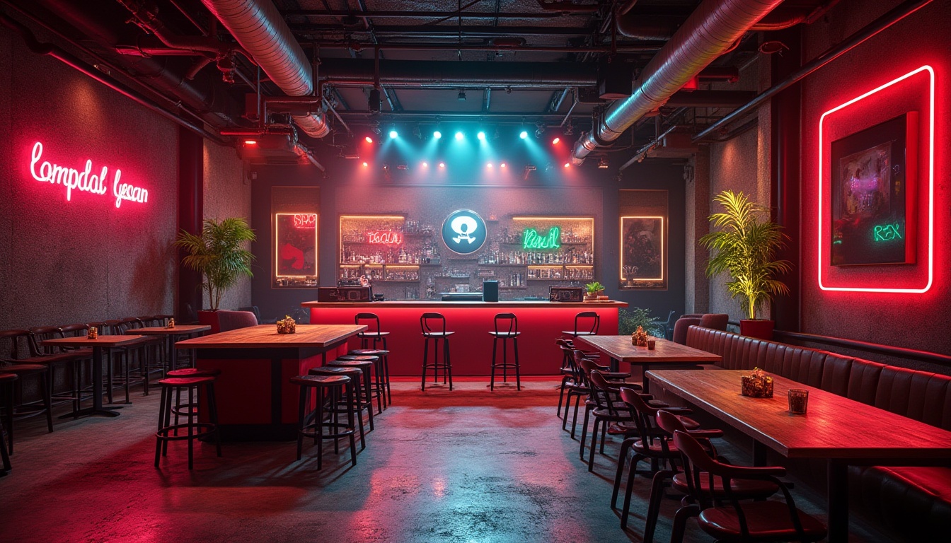 Prompt: Vibrant music venue, eclectic color scheme, bold red accents, deep blue tones, neon green highlights, warm golden lighting, rich wood textures, industrial metal elements, sleek modern furniture, dynamic stage design, energetic atmosphere, dramatic spotlights, soft ambient glow, 3/4 composition, realistic rendering, ambient occlusion.