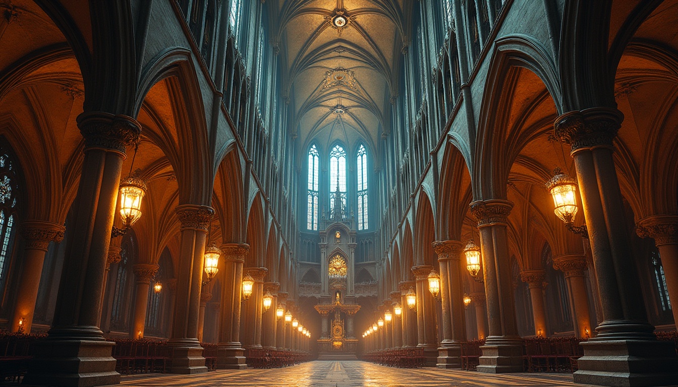 Prompt: Grandiose cathedral, intricate stone carvings, ornate facades, pointed arches, ribbed vaults, flying buttresses, stained glass windows, vibrant color schemes, dramatic lighting effects, mysterious ambiance, ancient historical significance, weathered stone textures, mystical symbolism, eerie shadows, 3/4 composition, shallow depth of field, warm golden lighting, cinematic atmosphere.