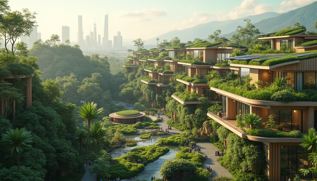 Prompt: Eco-friendly hotel, lush green roofs, solar panels, wind turbines, rainwater harvesting systems, organic gardens, natural ventilation, recycled materials, minimalist decor, energy-efficient lighting, soft warm ambiance, shallow depth of field, 3/4 composition, panoramic view, realistic textures, ambient occlusion, modern metabolism style architecture, curved lines, futuristic design, sustainable urban planning, vibrant colorful accents, intricate geometric patterns, tropical plants, misting systems, shaded outdoor spaces.