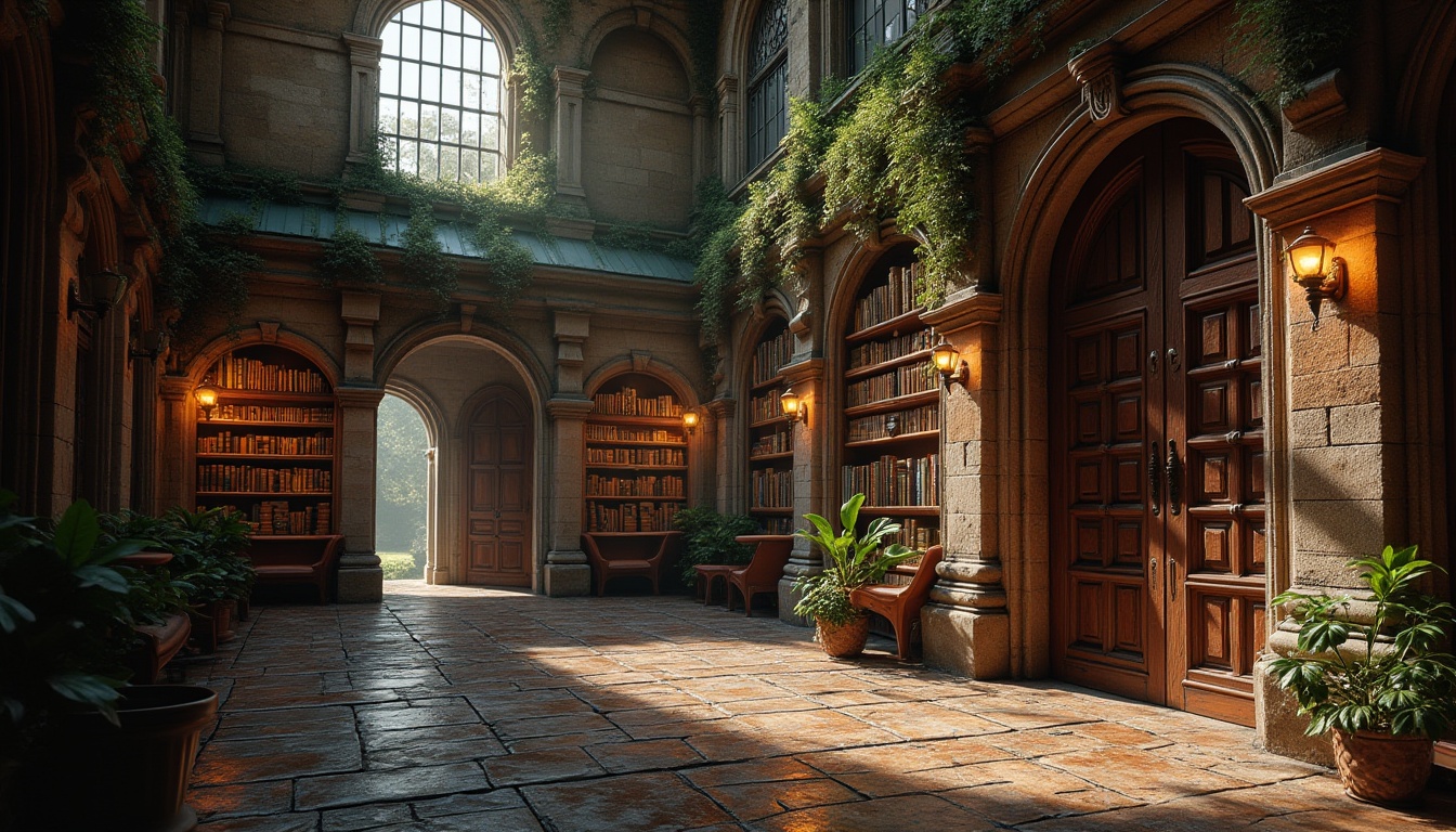 Prompt: Rustic library exterior, worn stone walls, ornate wooden doors, grand entrance archways, intricately carved facades, weathered copper roofing, aged brick patterns, ivy-covered walls, dimly lit corridors, polished wood flooring, comfortable reading nooks, floor-to-ceiling bookshelves, soft warm lighting, shallow depth of field, 1/1 composition, realistic textures, ambient occlusion.