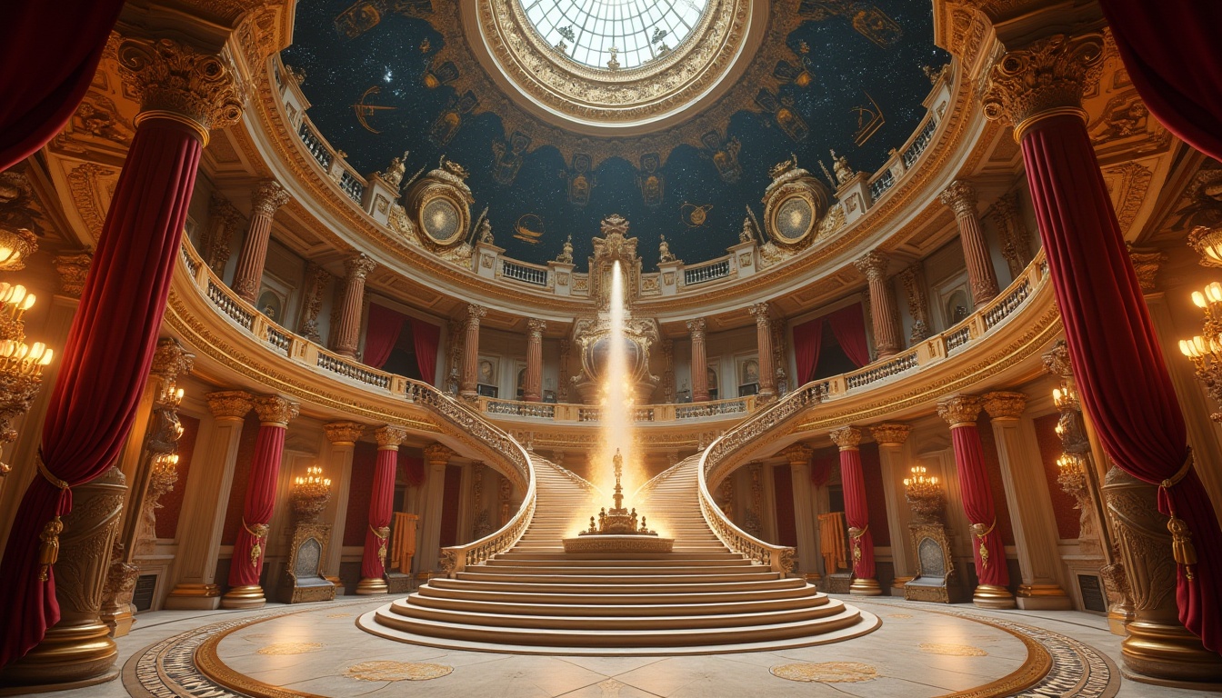 Prompt: Baroque planetarium, ornate golden domes, intricate stone carvings, celestial body murals, starry night sky, rich velvet drapes, grandiose chandeliers, marble floors, ornamental fountains, majestic staircases, lavish furnishings, regal thrones, Renaissance-inspired architecture, dramatic lighting effects, soft focus blur, 1/1 composition, symmetrical framing, warm golden hour, realistic reflections, ambient occlusion.