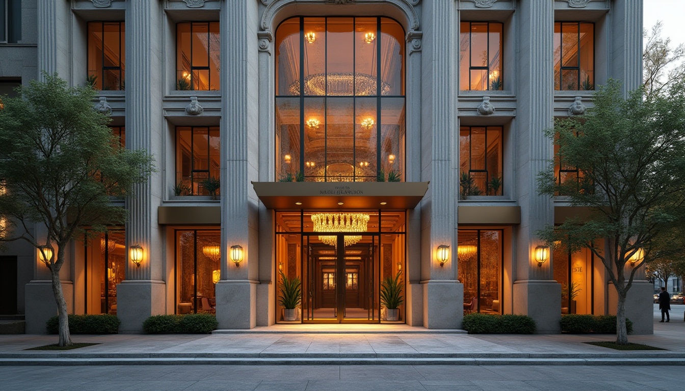 Prompt: Luxurious building facade, ornate details, grand entrance, imposing columns, elegant archways, sophisticated materials, metallic accents, glass balconies, sleek lines, modern minimalist design, subtle textures, ambient lighting, warm color tones, inviting atmosphere, urban cityscape, cosmopolitan vibe, busy street scene, morning sunlight, shallow depth of field, 1/1 composition.