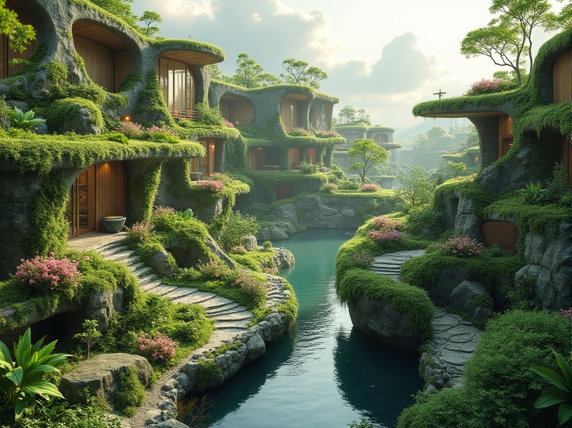 Prompt: Harmonious landscape integration, lush green roofs, verdant walls, natural stone pathways, meandering streams, serene lakes, vibrant floral arrangements, organic curves, sustainable materials, eco-friendly infrastructure, minimalist design, seamless transitions, 3/4 composition, soft warm lighting, shallow depth of field, realistic textures, ambient occlusion, panoramic views, futuristic architecture, sleek lines, modern elegance.