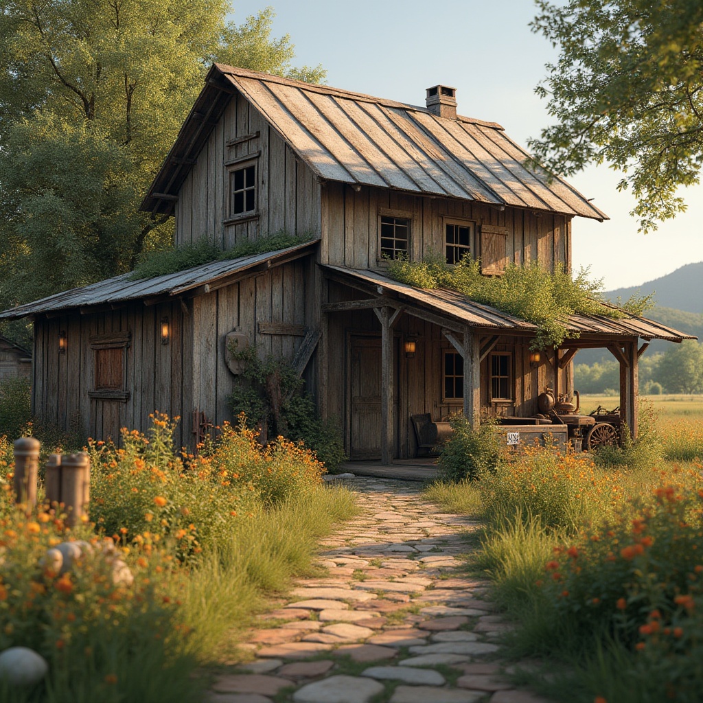 Prompt: Rustic barn, weathered wooden planks, distressed metal roofs, vintage farm equipment, overgrown wildflowers, rural landscape, warm golden lighting, soft focus, shallow depth of field, 1/2 composition, earthy color palette, rough-hewn stone walls, worn brick pathways, natural linen textures, earth-toned ceramics, hand-painted signs, wooden shutters, ornate metal door handles, rustic wooden doors, sun-drenched fields, afternoon atmosphere, ambient occlusion.