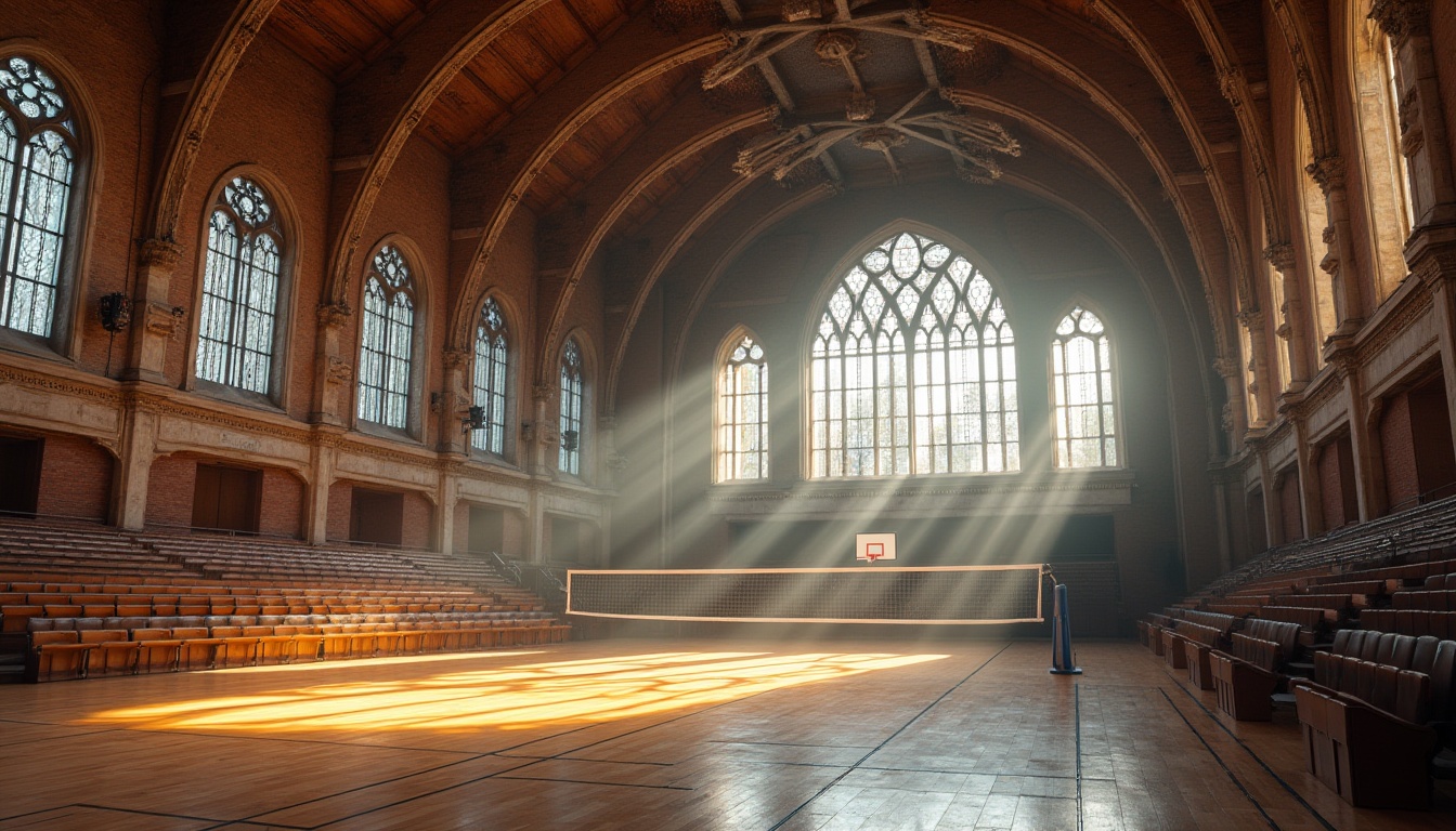 Prompt: Grand gymnasium, vaulted ceilings, ribbed arches, Gothic-inspired architecture, ornate stone carvings, stained glass windows, warm wooden floors, athletic equipment, basketball hoops, volleyball nets, spectator seating, natural light pouring, dramatic shadows, atmospheric misting, rustic metal beams, distressed brick walls, earthy tone color palette, symmetrical composition, 1/2 perspective, soft box lighting, realistic textures.