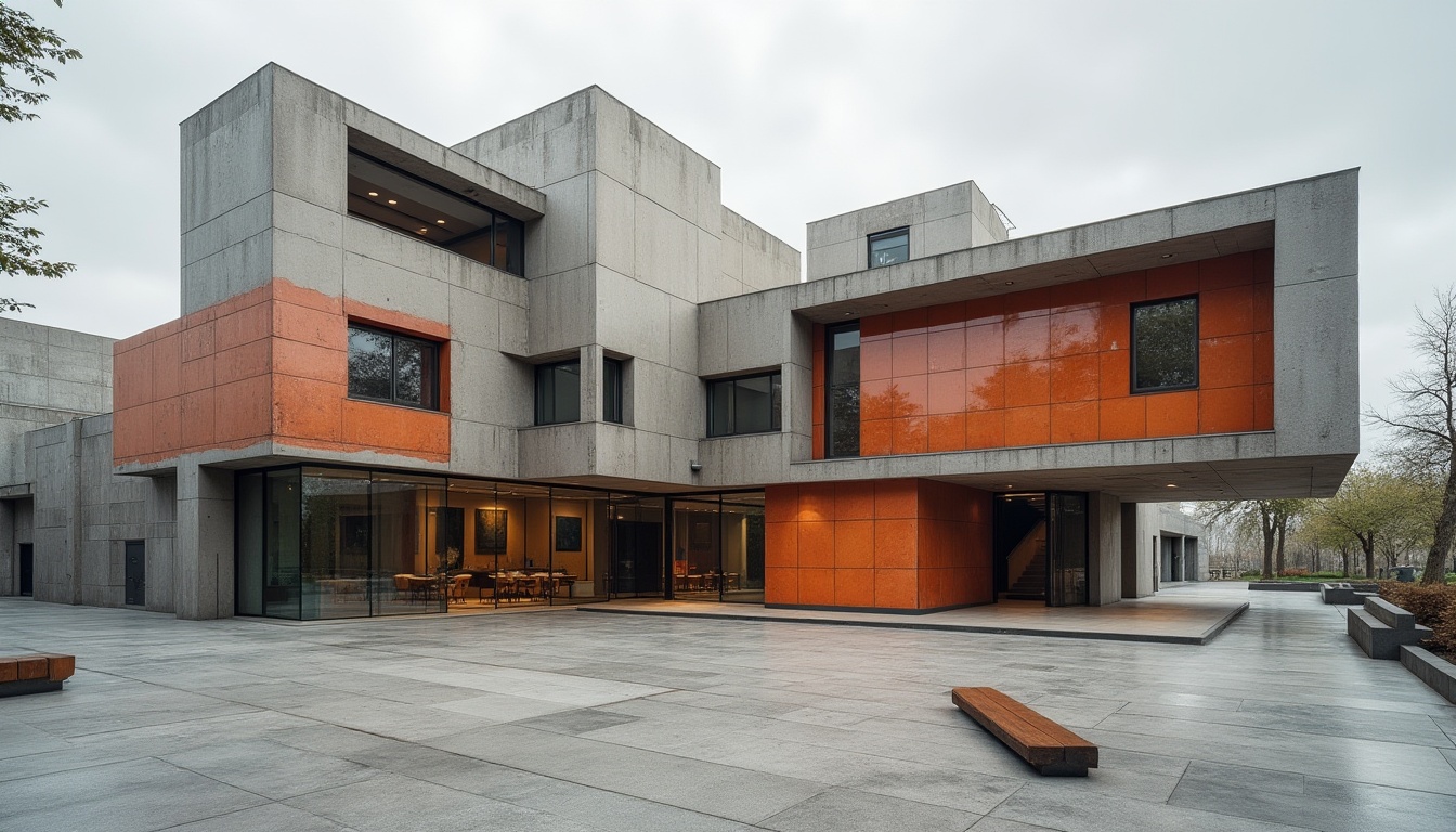 Prompt: Modernist Bauhaus visitor center, asymmetrical facade, geometric shapes, bold color blocking, industrial materials, exposed steel beams, polished concrete floors, large windows, minimalist decor, abstract art installations, urban landscape, cloudy day, soft diffused lighting, shallow depth of field, 1/1 composition, realistic textures, ambient occlusion.