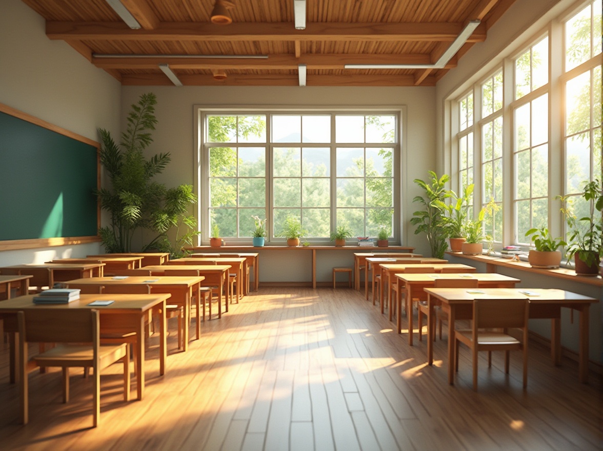 Prompt: Bright educational setting, large windows, abundance of natural light, minimal artificial lighting, comfortable learning atmosphere, earthy tone color scheme, wooden accents, greenery surroundings, subtle texture variations, soft warm glow, shallow depth of field, 1/1 composition, realistic renderings, ambient occlusion.