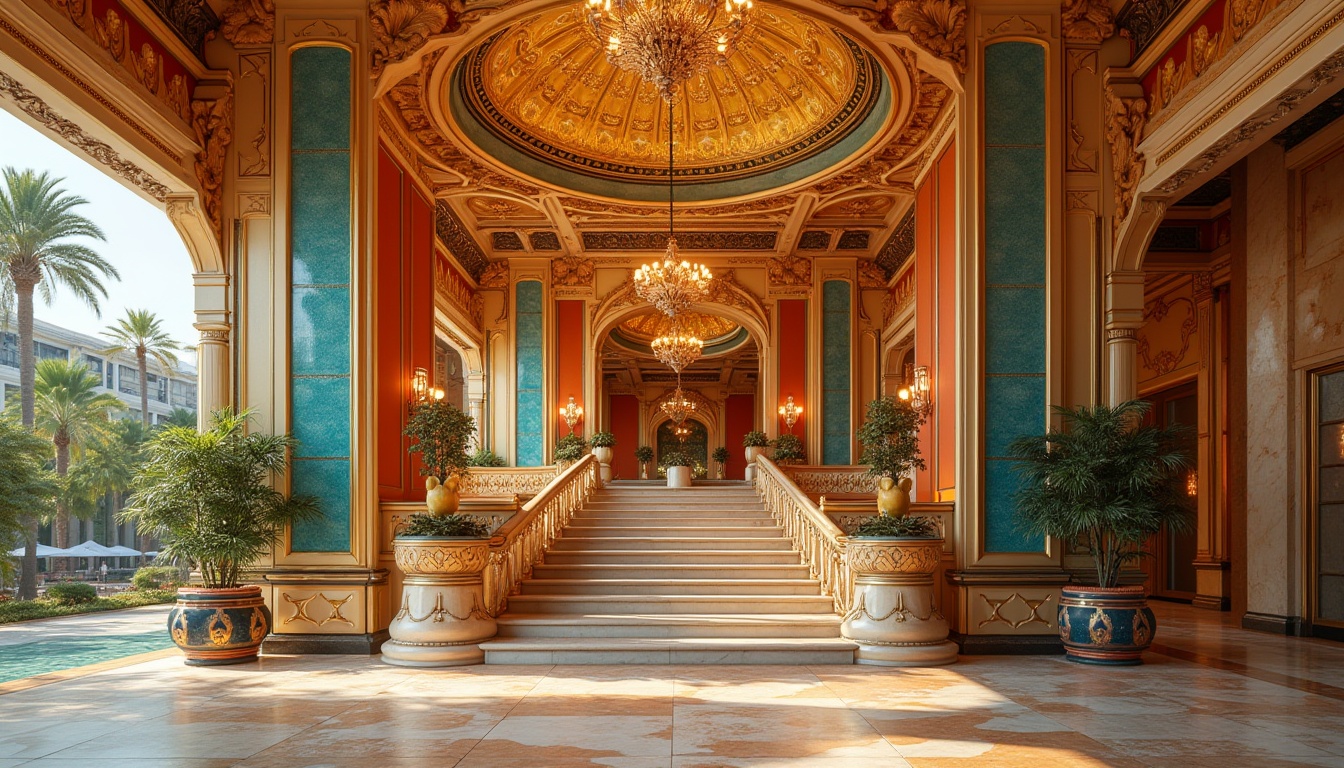 Prompt: Vibrant pavilion, ornate Art Deco fa\u00e7ade, geometric patterns, metallic materials, shimmering glass mosaics, golden accents, luxurious entrance, grand staircase, opulent chandeliers, lavish textiles, bold color schemes, intricate moldings, ornamental metalwork, exquisite craftsmanship, natural stone flooring, polished marble walls, sunny day, soft warm lighting, shallow depth of field, 1/1 composition, realistic textures, ambient occlusion.