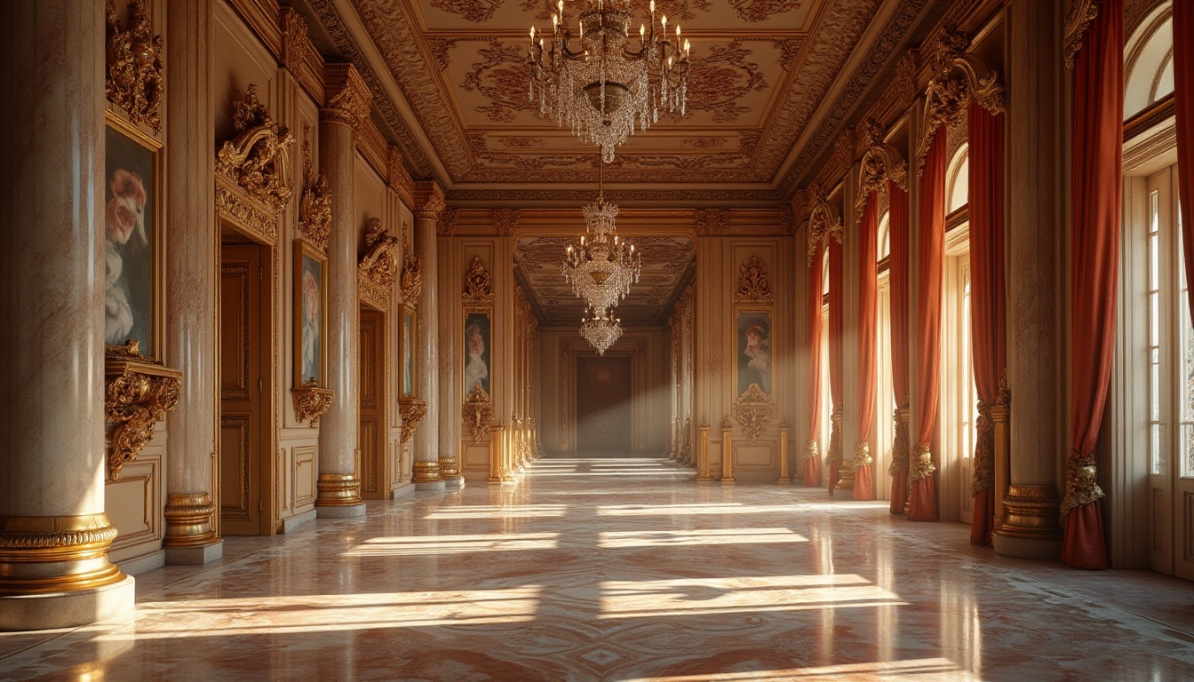 Prompt: Ornate Baroque palace, richly patterned marble floors, intricately carved wooden doors, gilded ornamental details, luxurious velvet drapes, opulent crystal chandeliers, highly polished bronze fixtures, warm golden lighting, subtle depth of field, 1/2 composition, dramatic shadows, realistic reflections, ambient occlusion.