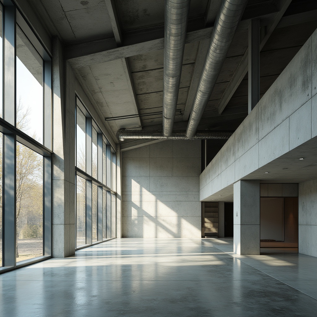 Prompt: Clean-lined Bauhaus building, large floor-to-ceiling windows, minimal ornamentation, industrial materials, exposed ductwork, polished concrete floors, functional simplicity, abundant natural light, open interior spaces, minimalist color palette, steel beams, rectangular forms, cantilevered roofs, overhanging eaves, asymmetrical compositions, dramatic shadows, high-contrast lighting, soft diffused illumination, 1/1 composition, low-angle shot, atmospheric perspective.