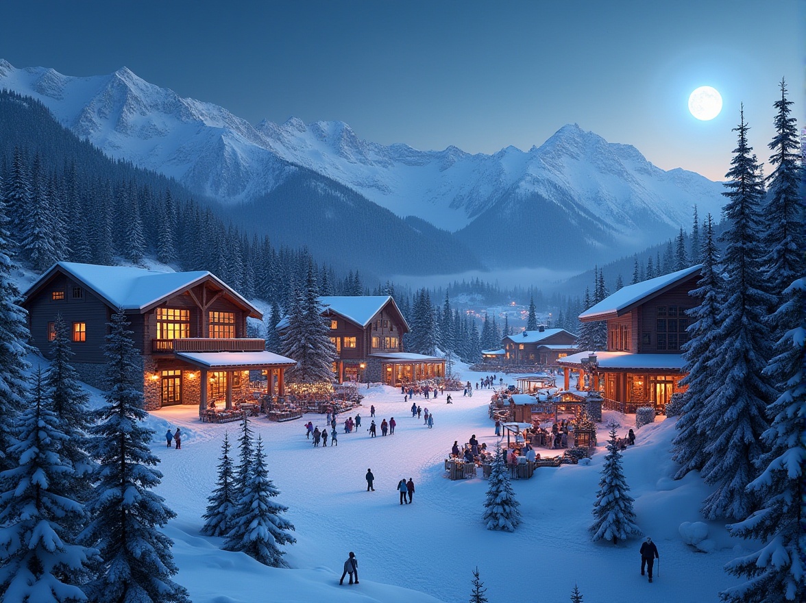 Prompt: Snow-capped mountains, pine tree forests, frozen lakes, ski lifts, chairlifts, gondolas, snowy trails, ski resort architecture, modern wooden buildings, large windows, rustic stone walls, warm fireplaces, cozy cafes, ski equipment rentals, souvenir shops, bustling apr\u00e8s-ski scene, vibrant nightlife, starry night sky, soft moonlight, shallow depth of field, 1/1 composition, panoramic view, realistic textures, ambient occlusion.