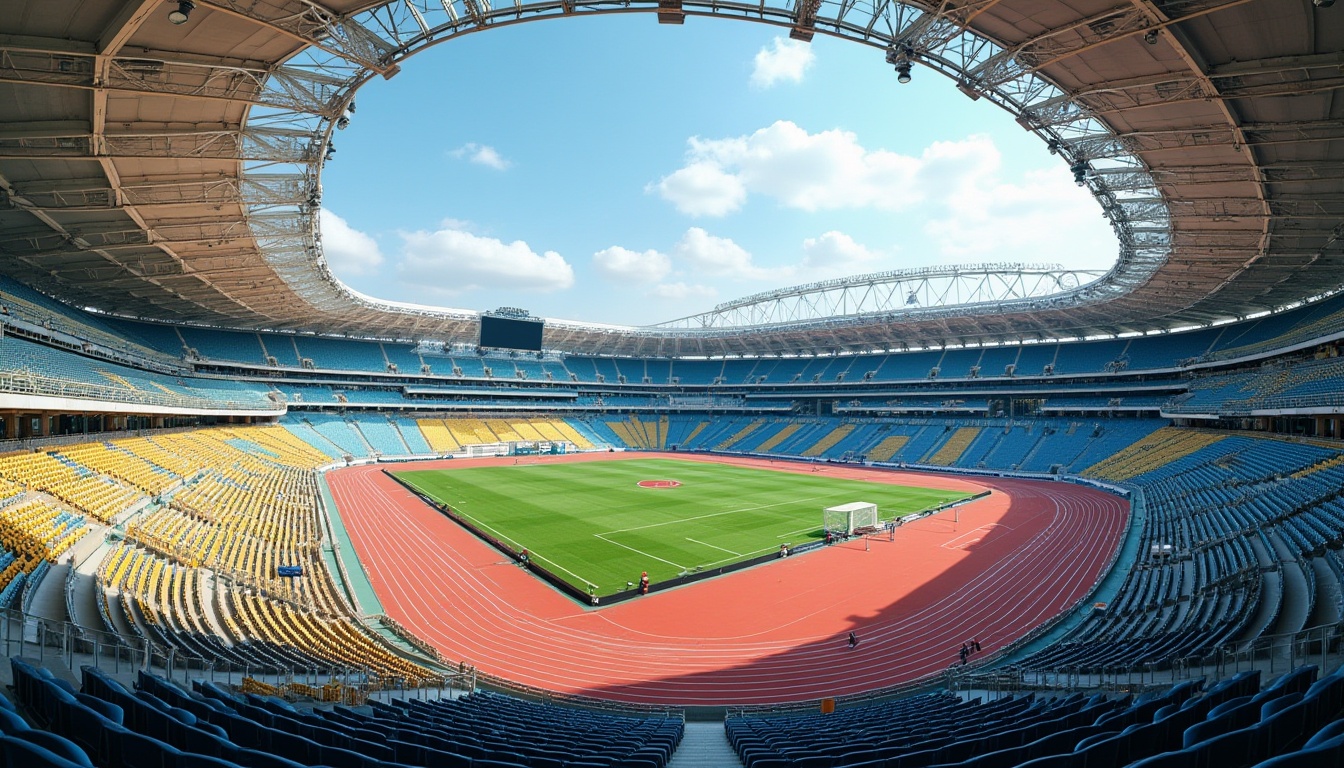 Prompt: Stadium seating, athletic tracks, soccer fields, tennis courts, basketball hoops, goalposts, scoreboards, floodlights, grandstands, tiered seating, cantilevered roofs, steel beams, reinforced concrete structures, asymmetrical shapes, dynamic curves, vibrant color schemes, geometric patterns, modern architectural styles, sleek metallic materials, translucent canopies, shaded areas, misting systems, panoramic views, high-angle shots, dramatic lighting effects, realistic textures, ambient occlusion.