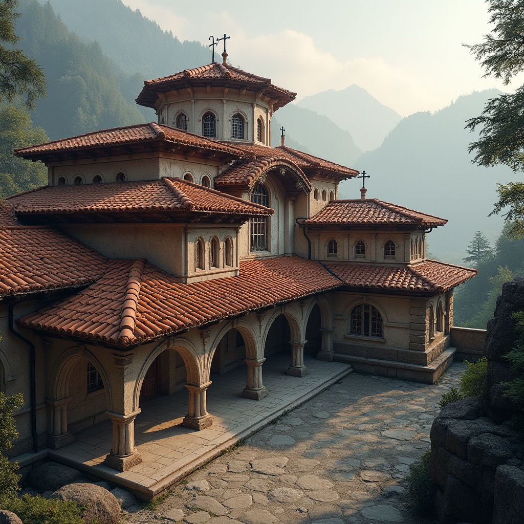 Prompt: Majestic monastery roof, curved terracotta tiles, rustic stone walls, ornate wooden beams, stained glass windows, grand entrance arches, serene mountain backdrop, misty morning atmosphere, soft warm lighting, subtle shadows, 1/1 composition, symmetrical framing, rich cultural heritage, traditional regionalism, earthy color palette, natural textures, ambient occlusion.