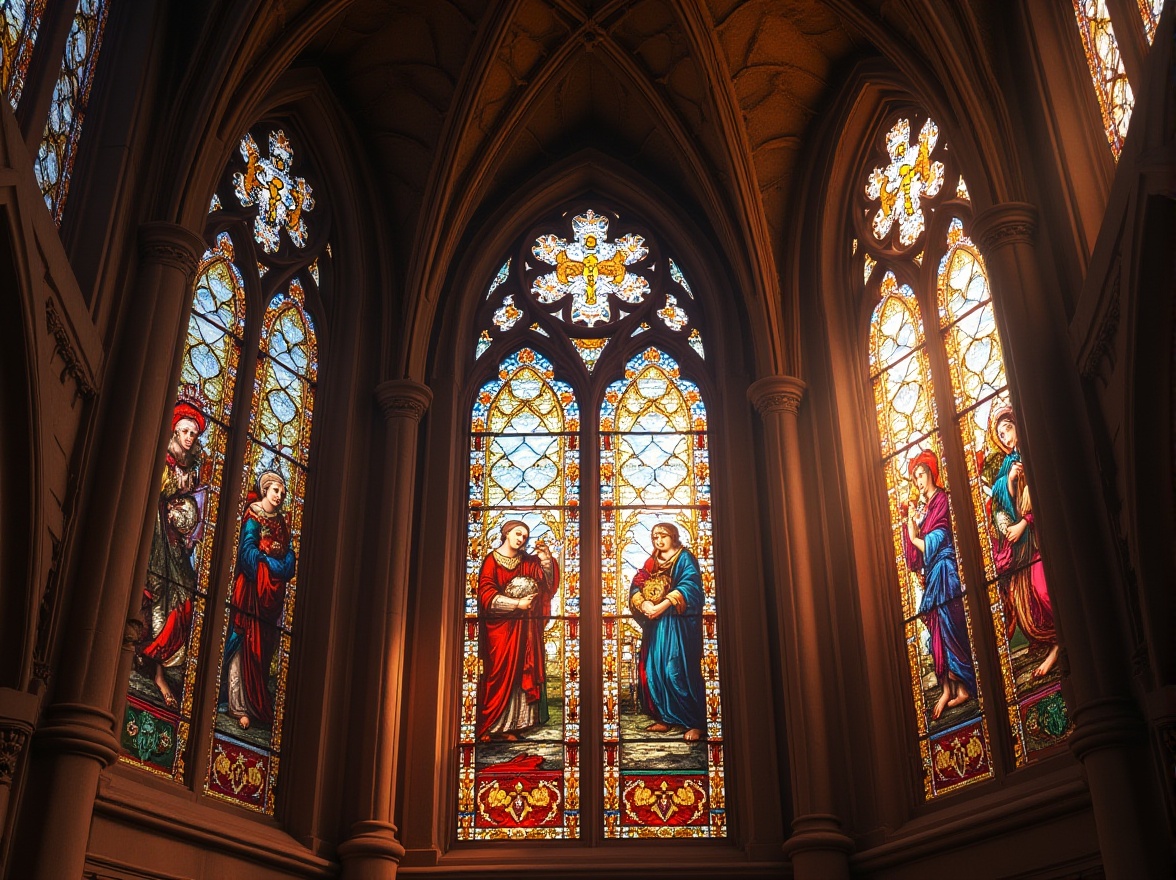 Prompt: Vibrant stained glass windows, intricately designed biblical scenes, kaleidoscope colors, Gothic architectural style, grand cathedrals, majestic vaulted ceilings, ornate stone carvings, lavish decorations, soft warm lighting, dramatic ray of light, 1/1 composition, shallow depth of field, realistic textures, ambient occlusion.