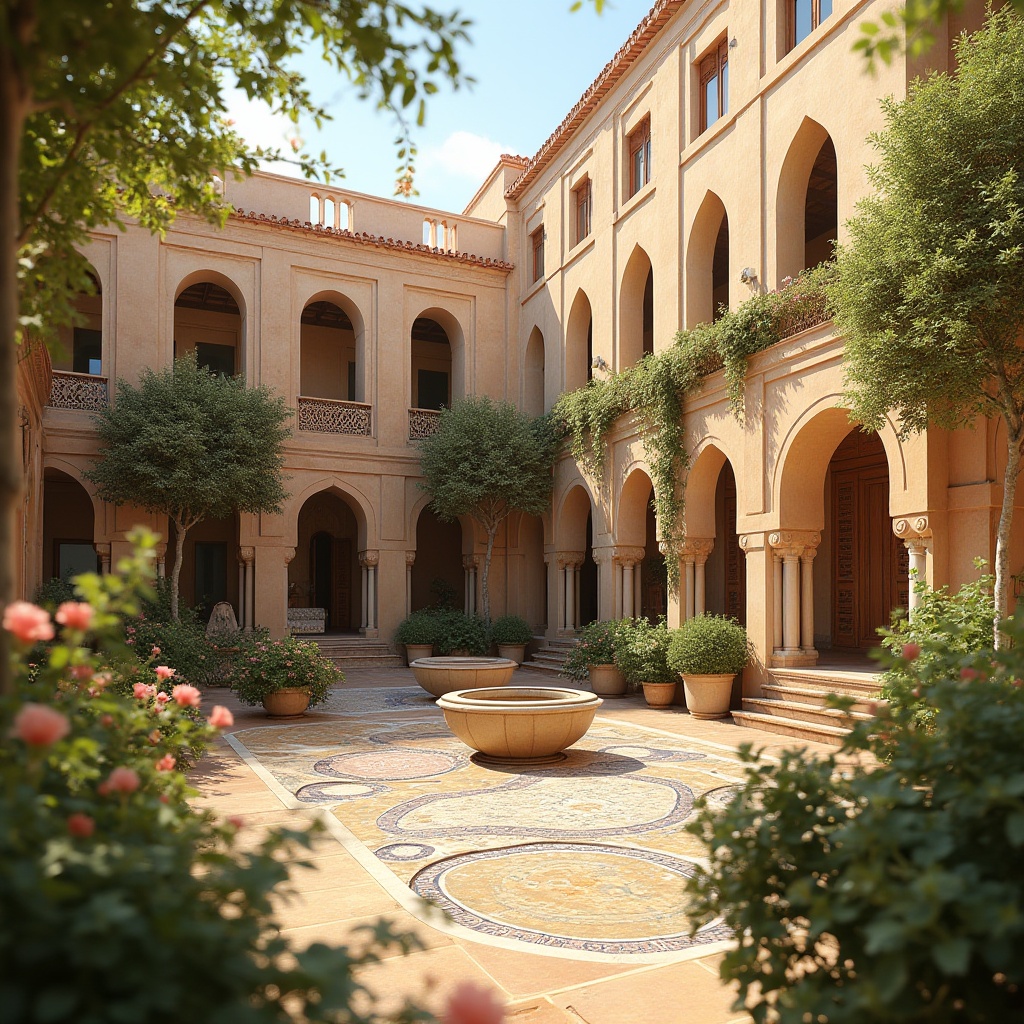 Prompt: Earth-toned regionalist fa\u00e7ade, natural stone cladding, wooden accents, ornate tile work, curved lines, Arabic-inspired arches, vibrant colorful textiles, intricate geometric motifs, lush greenery, blooming flowers, warm sunny day, soft warm lighting, shallow depth of field, 3/4 composition, panoramic view, realistic textures, ambient occlusion.