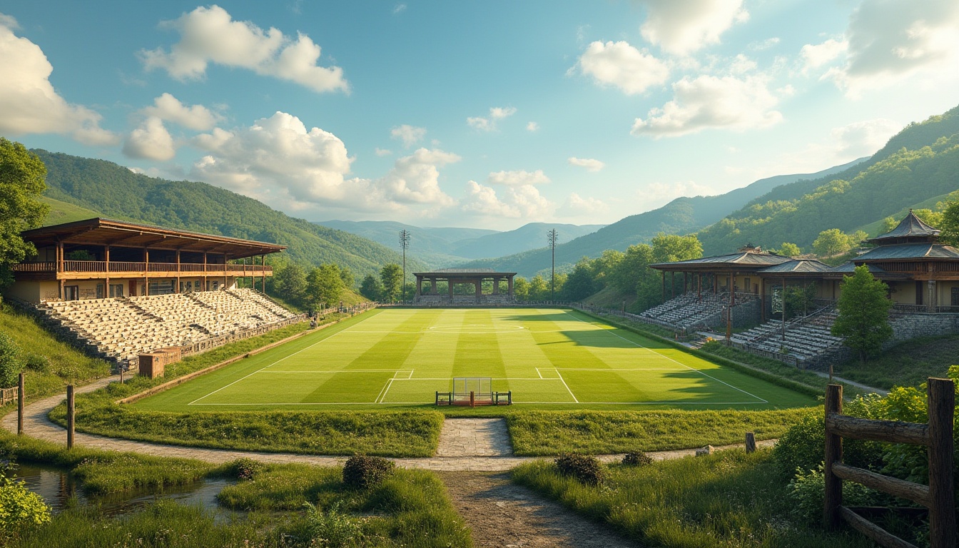 Prompt: Rural football stadium, rolling hills, lush green grass, rustic wooden bleachers, vintage scoreboard, natural stone walls, earthenware planters, wildflower gardens, meandering walking paths, rural landscape views, clear blue skies, warm sunny days, dramatic cloud formations, soft golden lighting, shallow depth of field, 3/4 composition, panoramic view, realistic textures, ambient occlusion.