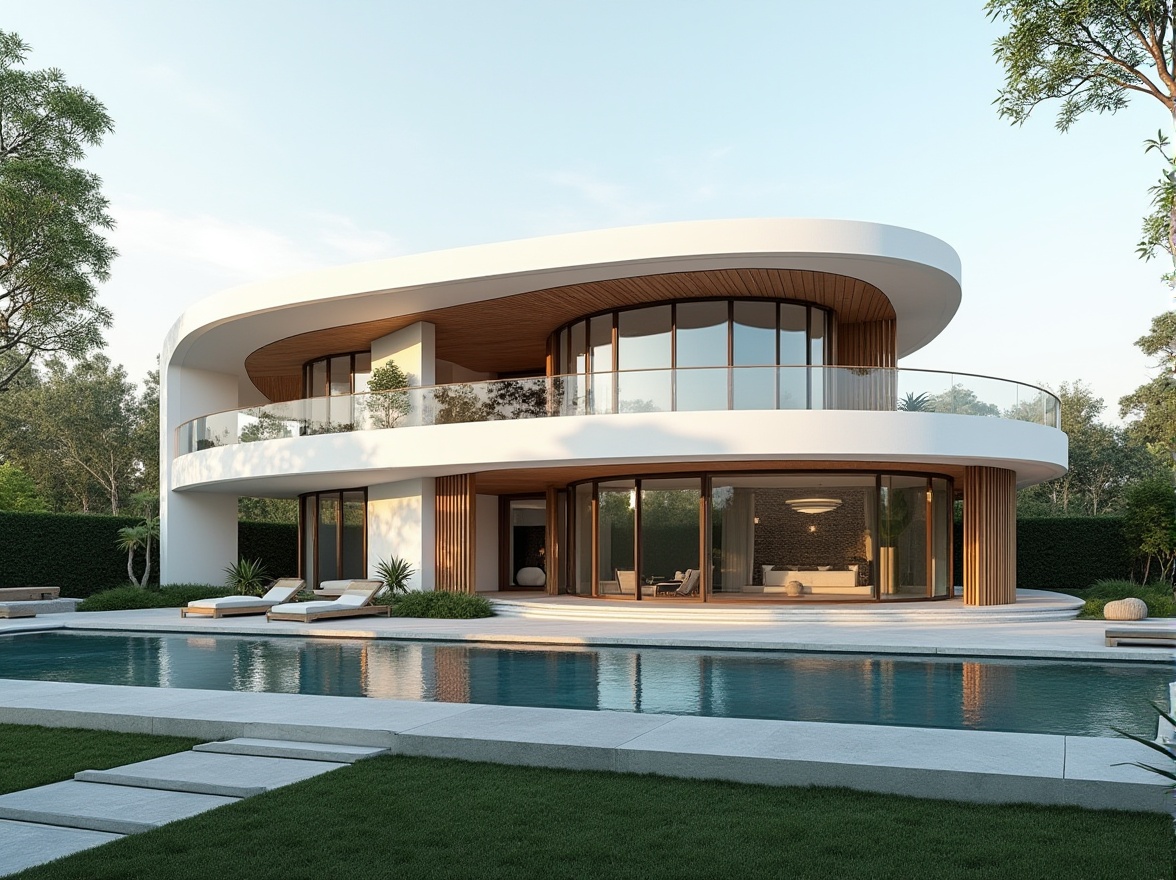 Prompt: Curved villa facade, sleek modern lines, large glass windows, minimalist ornamentation, horizontal louvers, cantilevered rooflines, smooth white stucco, steel frame structure, hidden gutters, flush-mounted doors, floor-to-ceiling glazing, reflective pool water, lush greenery surroundings, natural stone walkways, warm sunny day, soft diffused lighting, shallow depth of field, 1/1 composition, realistic materials, ambient occlusion.