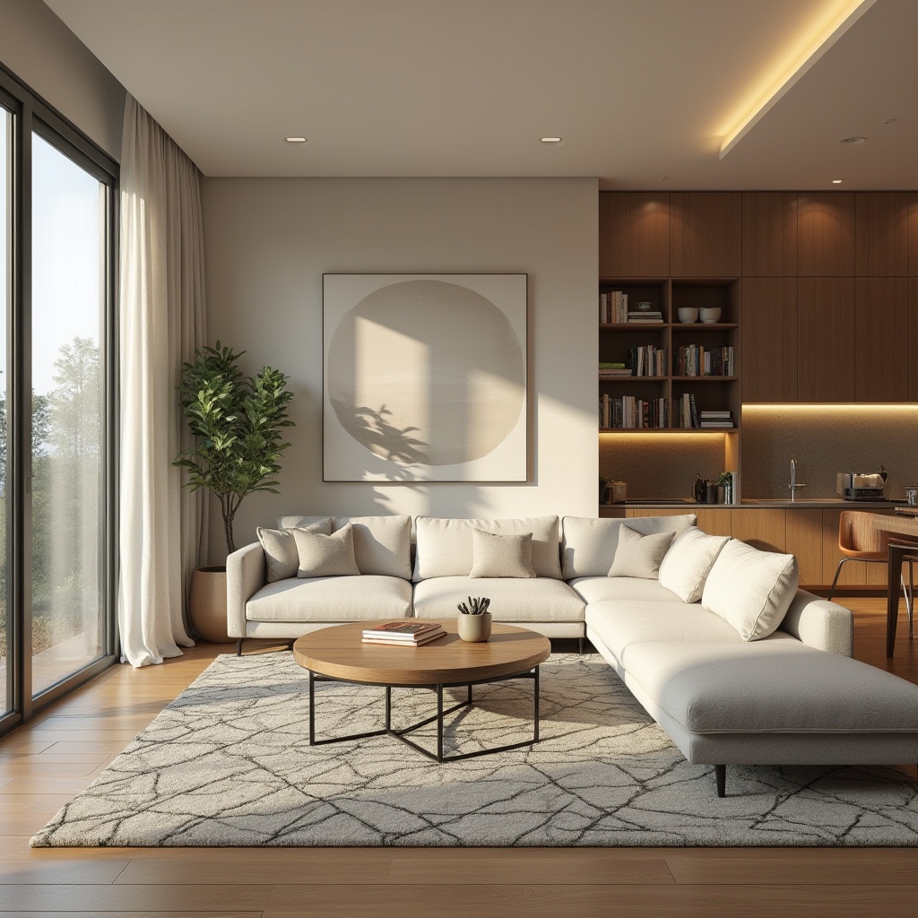 Prompt: Elegant living room, minimalist decor, neutral color palette, comfortable sofas, sleek coffee tables, floor-to-ceiling windows, natural light, warm wood flooring, modern artwork, geometric patterns, ambient lighting, cozy reading nook, functional storage units, built-in shelving, cleverly hidden appliances, ergonomic furniture design, harmonious spatial arrangement, 1/2 composition, softbox lighting, realistic textures, subtle reflections.