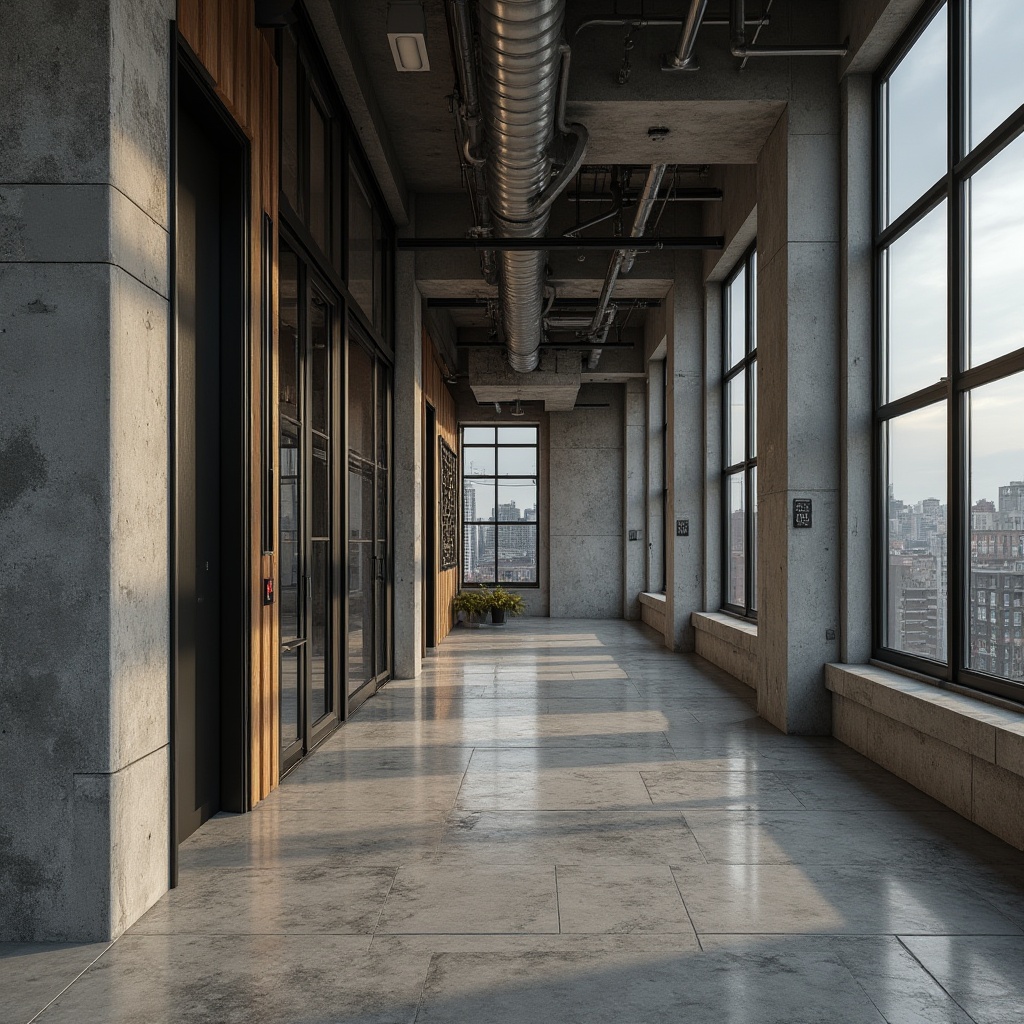 Prompt: Rustic concrete walls, smooth glass facades, metallic latticework, wooden accents, natural stone flooring, sleek steel beams, exposed ductwork, polished chrome fixtures, matte black detailing, minimalist ornamentation, brutalist architecture, industrial chic aesthetic, urban cityscape, overcast sky, dramatic shadows, high-contrast lighting, 1/1 composition, realistic reflections, ambient occlusion.