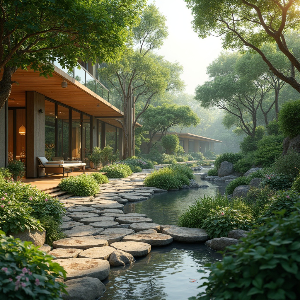 Prompt: Soothing natural scenery, lush greenery, serene water features, meandering walkways, rustic stone paths, vibrant flower beds, native plant species, eco-friendly materials, sustainable design, modern architectural elements, sleek glass railings, minimalist benches, ambient outdoor lighting, soft warm glow, shallow depth of field, 3/4 composition, panoramic view, realistic textures, detailed normal maps.Please let me know if this meets your requirements!