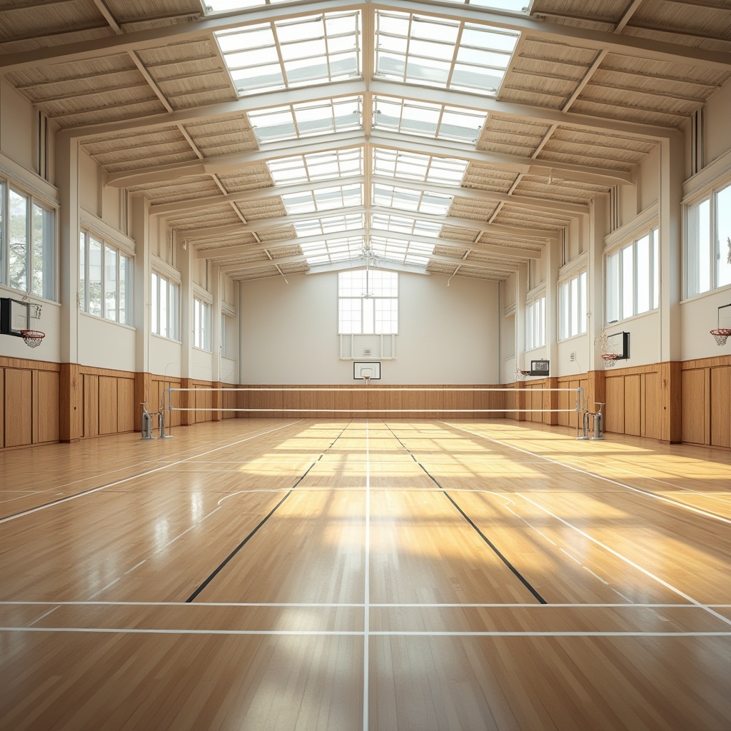 Prompt: Spacious gymnasium, high ceilings, clerestory windows, skylights, transparent roofing, bright natural lighting, minimal artificial illumination, reflective flooring, polished wood surfaces, gleaming metal equipment, athletic tracks, basketball courts, volleyball nets, exercise machines, mirrored walls, motivational quotes, modern minimalist design, airy atmosphere, soft warm tones, shallow depth of field, 1/1 composition, panoramic view, realistic textures, ambient occlusion.