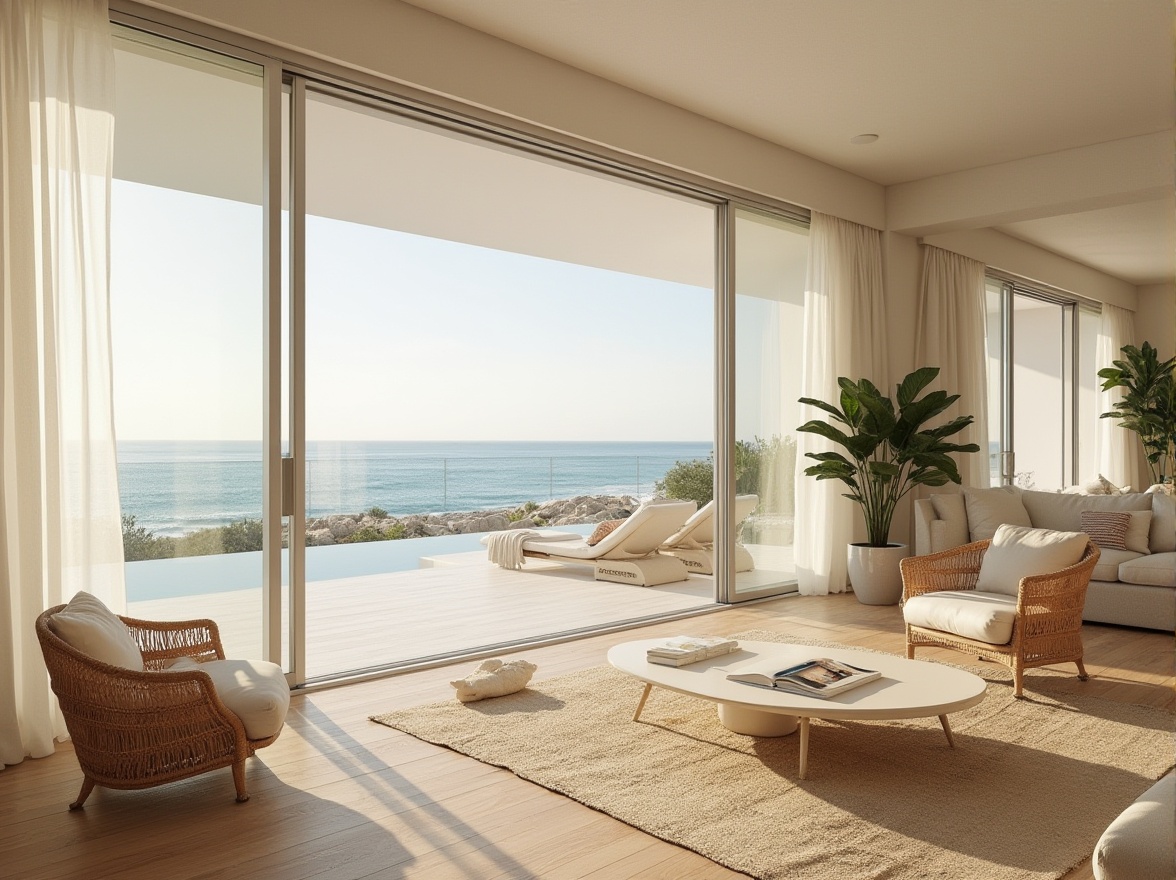 Prompt: Seaside villa, large windows, sliding glass doors, ocean views, open-plan living areas, minimalist interior design, cream-colored walls, polished wooden floors, beach-inspired decor, natural textiles, woven rattan furniture, potted palms, sheer curtains, soft warm lighting, shallow depth of field, 3/4 composition, panoramic view, realistic textures, ambient occlusion, wave-inspired architecture, curved lines, whitewashed exterior, nautical-themed accents, driftwood decorations, seashell patterns.