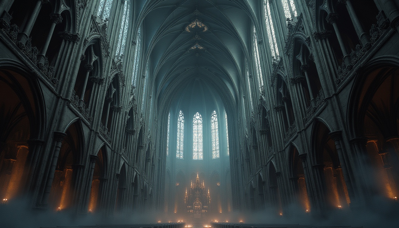 Prompt: Grandiose cathedral, intricate stone carvings, soaring vertical lines, ribbed vaults, pointed arches, stained glass windows, ornate facades, dramatic lighting effects, richly textured stone walls, mystical ambiance, somber color palette, atmospheric fog, low-angle shot, symmetrical composition, detailed architectural patterns, eerie shadows, mystical atmosphere.