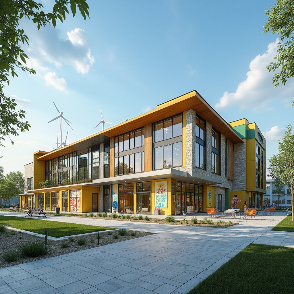 Prompt: Vibrant community center, modern facade design, large glass windows, aluminum frames, wooden accents, natural stone walls, green roofs, solar panels, wind turbines, outdoor recreational spaces, playground equipment, seating areas, educational signage, bold color schemes, geometric patterns, abstract murals, dynamic lighting effects, shallow depth of field, 1/1 composition, realistic textures, ambient occlusion.