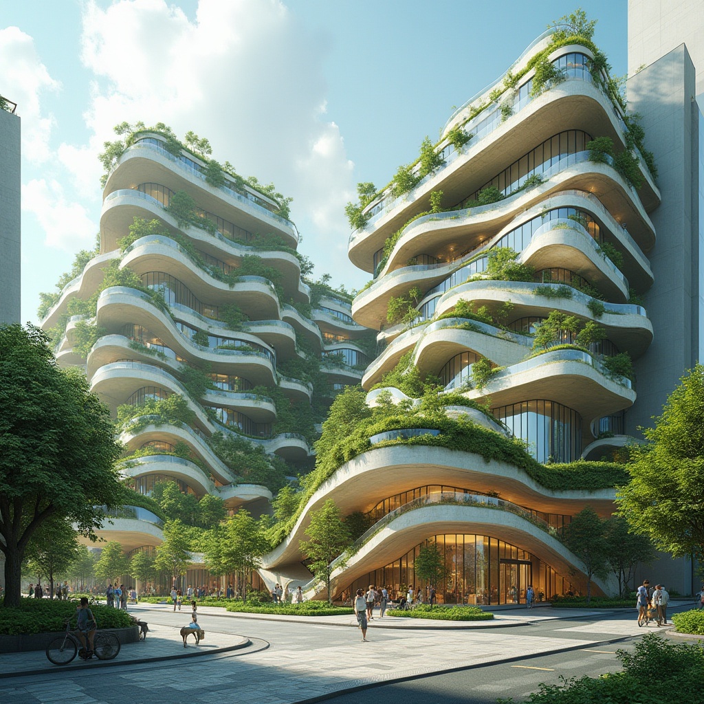 Prompt: Eco-friendly buildings, green roofs, solar panels, wind turbines, rainwater harvesting systems, recycled materials, low-carbon footprint, energy-efficient designs, natural ventilation systems, large windows, minimal shading devices, optimized building orientation, organic forms, curvaceous lines, futuristic aesthetics, urban renewal projects, revitalized industrial areas, vibrant public art installations, pedestrian-friendly streets, bike lanes, electric vehicle charging stations, verdant walls, living walls, biodiversity conservation, efficient water management systems, greywater reuse, innovative wastewater treatment, sustainable urban planning, resilient infrastructure, adaptive reuse of historic buildings.