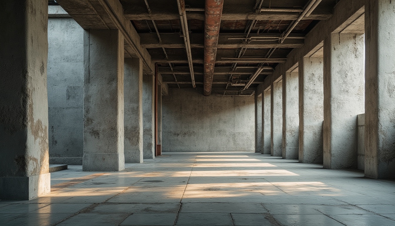 Prompt: Raw concrete walls, rugged stone fa\u00e7ades, weathered steel beams, brutalist architecture, urban landscapes, industrial heritage, distressed finishes, exposed ductwork, minimalist decor, functional spaces, dramatic lighting, low-angle shots, cinematic atmosphere, gritty textures, rough-hewn details, monumental structures, imposing scale, geometric silhouettes, harsh natural light, high-contrast shadows, 2/3 composition, realistic materials, ambient occlusion.