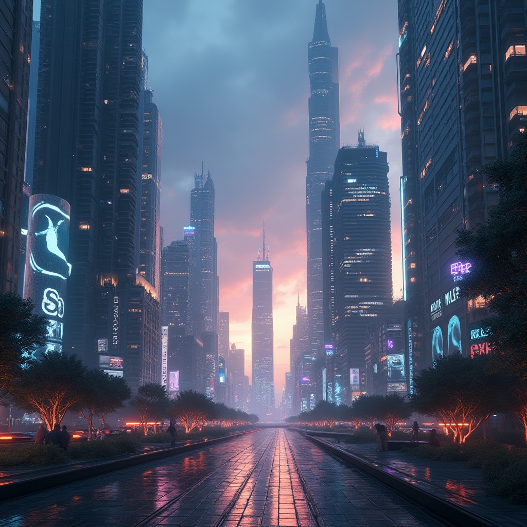 Prompt: Futuristic cityscape, neon lights, LED installations, dynamic projections, sleek skyscrapers, modern architecture, abstract sculptures, fiber-optic decorations, luminescent accents, ambient glow, softbox lighting, high-contrast shading, 1/1 composition, cinematic atmosphere, realistic reflections, advanced rendering techniques.