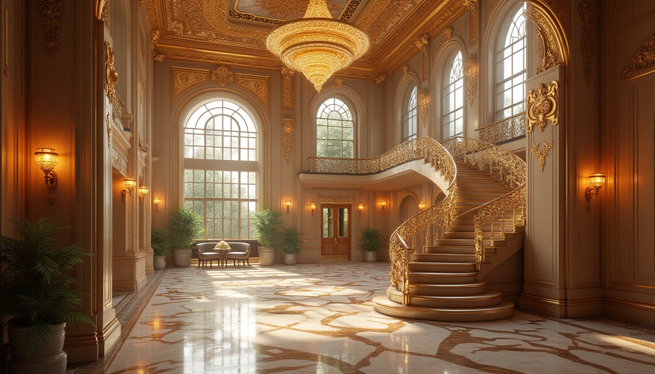 Prompt: Pavilion art deco building, luxurious interior spaces, ornate metallic details, glamorous chandeliers, geometric patterned floors, lavish textiles, opulent furnishings, grand staircase, curved lines, elegant proportions, refined color palette, sophisticated ambiance, soft warm lighting, subtle shading, 1/1 composition, realistic reflections, ambient occlusion.