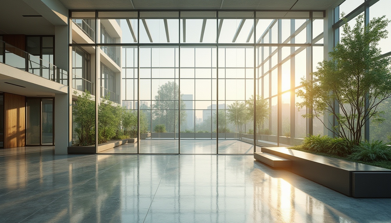 Prompt: Minimalist glass fa\u00e7ade, open floor plan, transparent ceilings, natural light pouring, sleek metal frames, reflective surfaces, airy atmosphere, modern simplistic design, sustainable building materials, recyclable components, green roofs, living walls, vertical gardens, misty morning light, soft warm glow, shallow depth of field, 1/1 composition, panoramic view, realistic reflections, ambient occlusion.