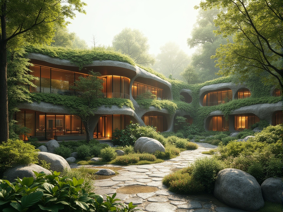 Prompt: Harmonious landscape integration, blending modern architecture with nature, lush green roofs, living walls, eco-friendly materials, sustainable design, seamless transitions, organic forms, curvaceous lines, natural stone surfaces, reclaimed wood accents, earthy color palette, abundant natural light, soft warm ambiance, misty morning atmosphere, shallow depth of field, 1/1 composition, realistic textures, ambient occlusion.