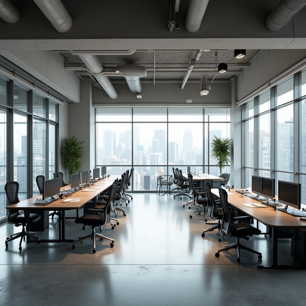 Prompt: Modern office space, open floor plan, functional zones, collaborative workstations, ergonomic chairs, adjustable desks, minimal ornamentation, sleek metal accents, polished concrete floors, ample natural light, floor-to-ceiling windows, urban city view, soft box lighting, 1/1 composition, shallow depth of field, realistic textures, ambient occlusion.