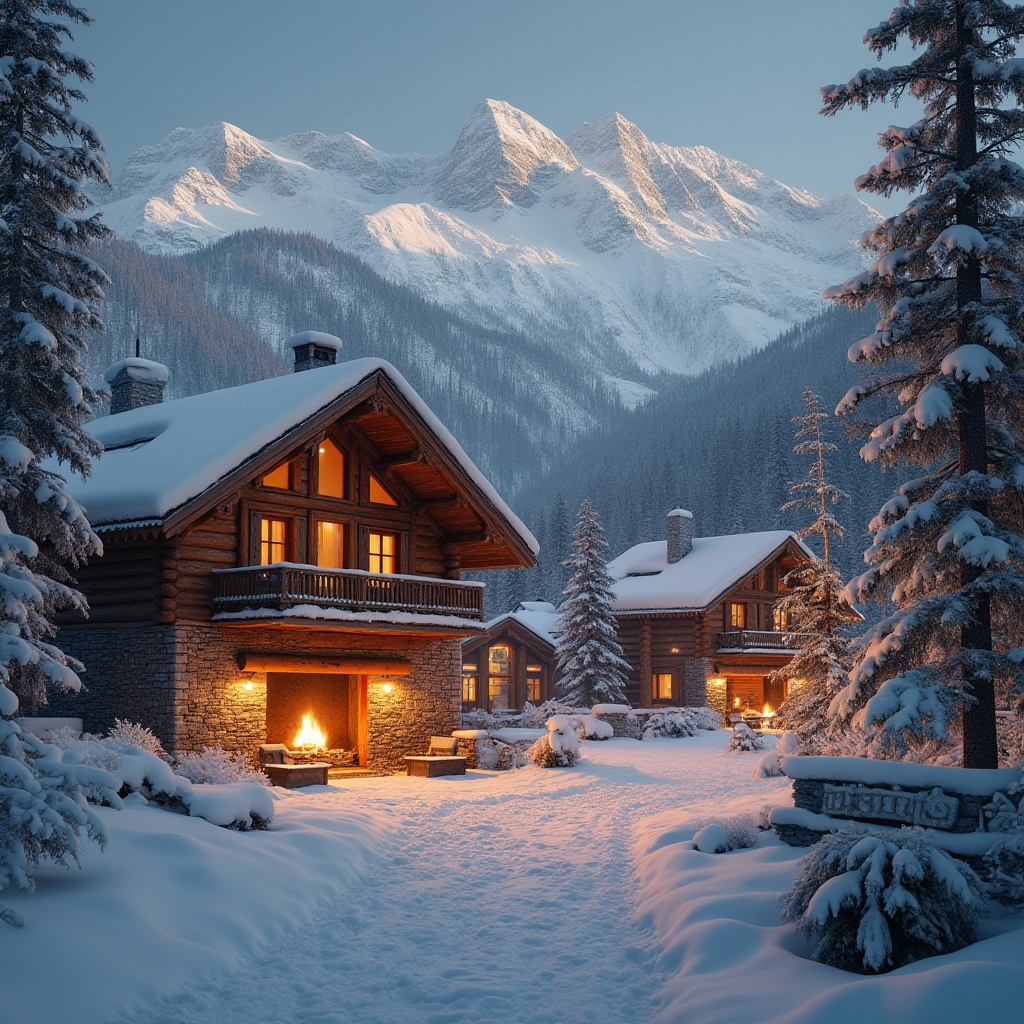 Prompt: Snow-capped mountains, frosty air, wooden ski lodges, warm fireplaces, rustic stone walls, earthy tones, natural wood accents, cozy atmosphere, soft warm lighting, shallow depth of field, 3/4 composition, realistic textures, ambient occlusion.