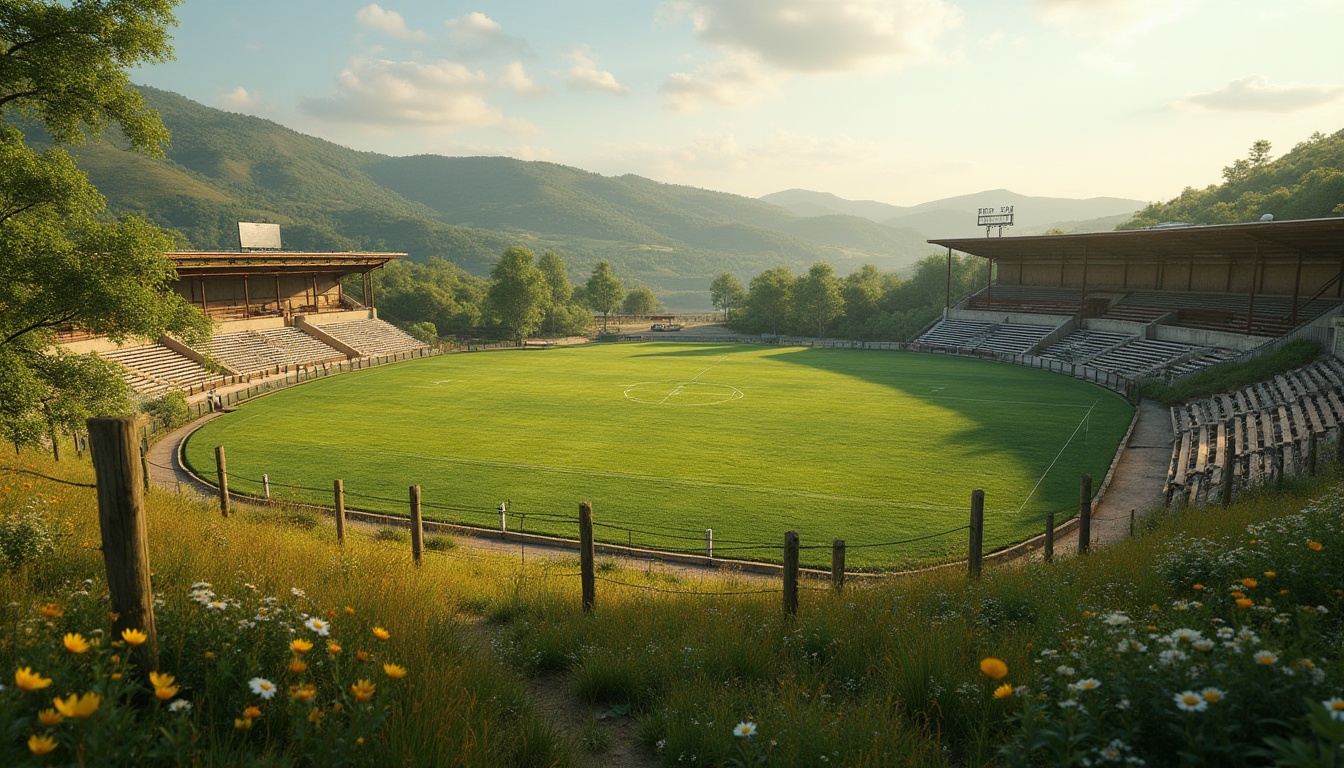 Prompt: Rural football stadium, lush green grass, rolling hills, rustic wooden fences, vintage metal bleachers, country-style scoreboard, natural stone walls, earthy terrain, wildflower fields, sunny afternoon, soft warm lighting, shallow depth of field, 3/4 composition, panoramic view, realistic textures, ambient occlusion.