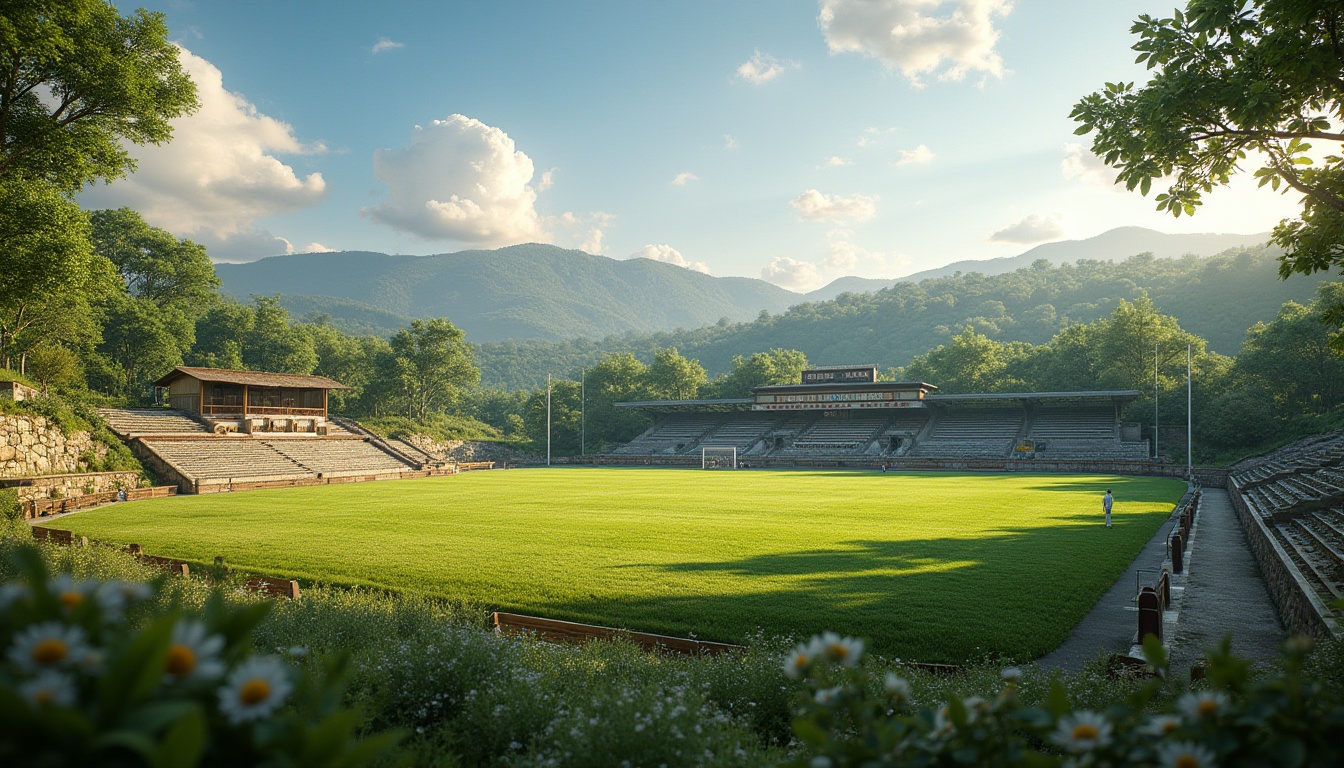 Prompt: Rural football stadium, lush green grass, rolling hills, scattered trees, rustic stone walls, wooden fences, vintage scoreboard, nostalgic lighting, cloudy blue sky, soft warm atmosphere, shallow depth of field, 3/4 composition, panoramic view, realistic textures, ambient occlusion, natural seating areas, wildflower plantings, meandering walking paths, rustic metal benches, earthy color palette.