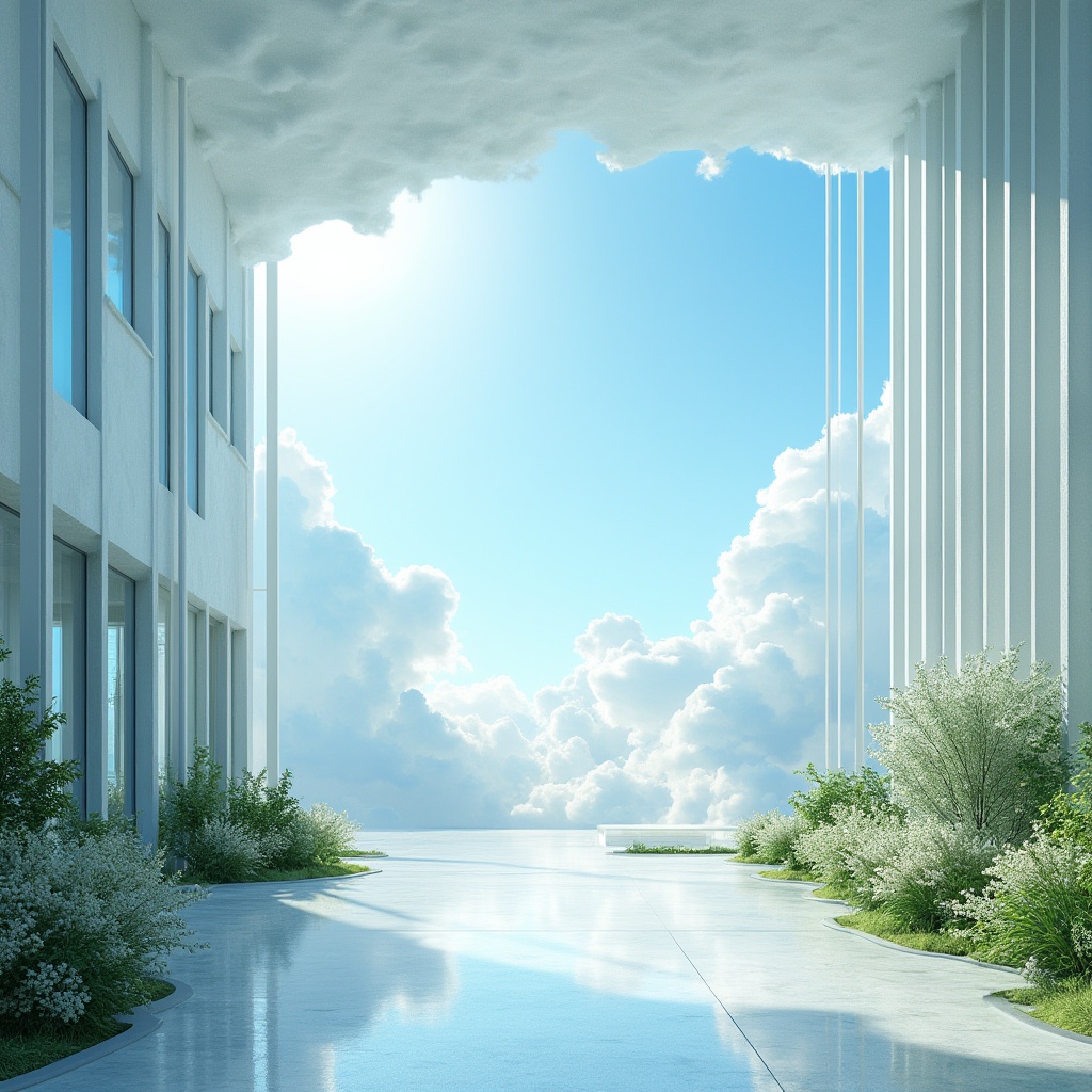 Prompt: \Celestial sky blue hue, soft white clouds, gentle wispy textures, serene atmosphere, natural light, airy spaciousness, modern minimalist architecture, sleek glass surfaces, subtle gradient effects, calming ambiance, peaceful surroundings, lush greenery, blooming flowers, warm sunny day, shallow depth of field, 3/4 composition, panoramic view, realistic reflections, ambient occlusion.\